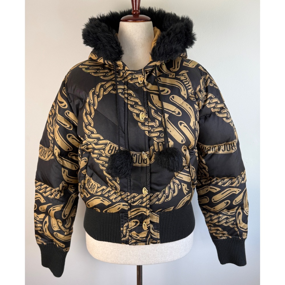 Rocawear Puffer Jacket Womens L Black Gold Chain Print Faux Fur Hood Down Fill